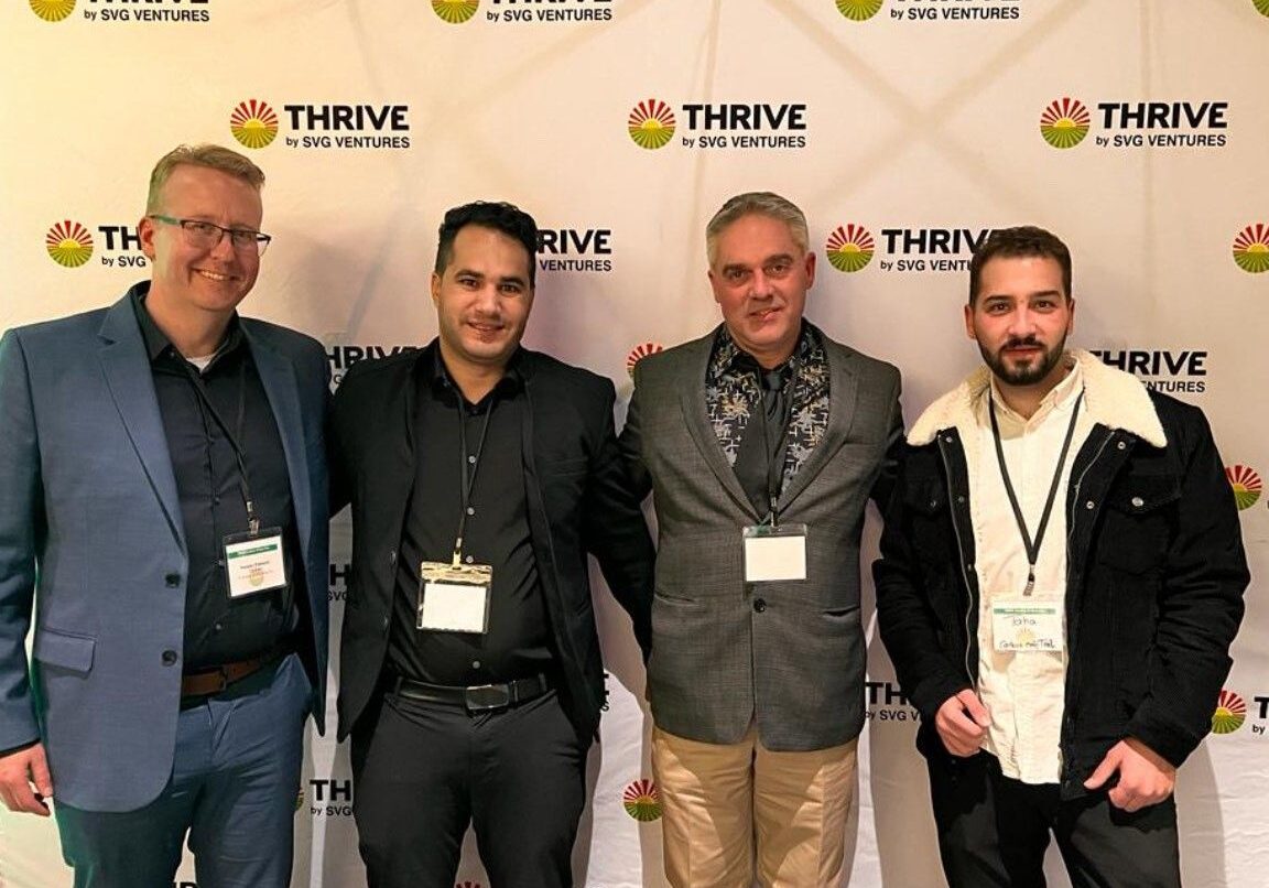 Photo from CMC Canada, "Revive &amp; Thrive: Unleashing the Power of Humic &amp; Fulvic Acid for Sustainable Growth"
 - 
From Left to Right, Wesley Paterson, CMC - President, Paterson Consulting / Dr. Abdallah Manasrah, CEO - Carbon OxyTech / Richard Ehret, President - Magnum Fabrication Ltd. / Taha Karaki, Research Intern - Carbon OxyTech